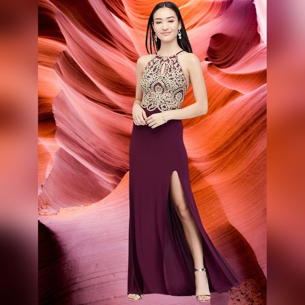 Blondie Nites By Stacy Sklar Corded Lace Filigree Ilusion Bodice Sheath Gown - Picture 1 of 15